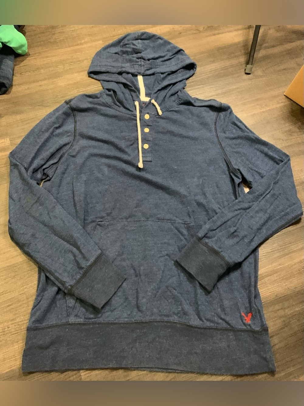 American Eagle Outfitters Navy Hooded Henley with Cream Drawcords